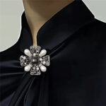 Black Satin High-Neck Blouse with Crystal Accent|Elegant Jewel Neck Long Sleeve Satin Blouse - Image 5