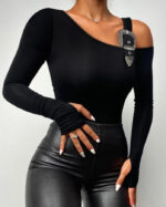 Black One-Shoulder Rhinestone Mesh Crop Top for Women – Long Sleeve Sheer Cutout Party Top | Night Out Statement Top - Image 8