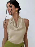 Elegant Satin Halter Blouse for Women – Sleeveless Bow Neck Office Lady Top - Image 17