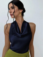 Elegant Satin Halter Blouse for Women – Sleeveless Bow Neck Office Lady Top - Image 23