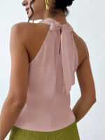 Elegant Satin Halter Blouse for Women – Sleeveless Bow Neck Office Lady Top - Image 3