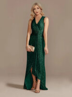 Gold Sequin Sleeveless Maxi Dress for Women | V-Neck Ruched Evening Gown with Slit - Image 10