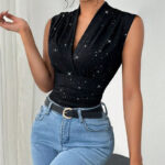 Black Sparkly Sleeveless V-Neck Wrap Top for Women – Ruched Waist Elegant Party Blouse | Chic Day-to-Night Top - Image 3
