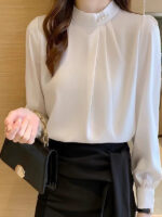 Elegant Pearl Button Chiffon Blouse – Light Blue Long Sleeve Office Top - Image 5
