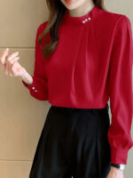 Elegant Pearl Button Chiffon Blouse – Light Blue Long Sleeve Office Top - Image 6