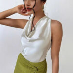 Elegant Satin Halter Blouse for Women – Sleeveless Bow Neck Office Lady Top - Image 2