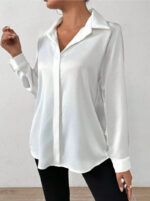 Women’s Satin Long Sleeve Blouse – Hot Pink Silk-Feel Button-Up Shirt | Elegant Loose Office & Casual Top - Image 5