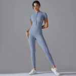 Women’s Zip-Front Short Sleeve Sculpting Fitness Jumpsuit – Bodycon Activewear Romper with Tummy Control - Image 3