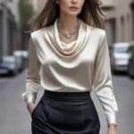 Luxury Draped Satin Blouse for Women – Elegant Long Sleeve Cowl Neck Top - Image 2