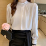 Elegant Pearl Button Chiffon Blouse – Light Blue Long Sleeve Office Top - Image 10