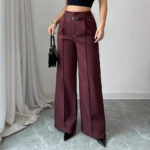 Burgundy High Waist Wide Leg Pants with Belt | Elegant Dressy Women’s Trousers - Image 2