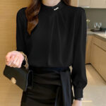 Elegant Pearl Button Chiffon Blouse – Light Blue Long Sleeve Office Top - Image 16