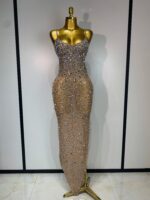 Luxury Champagne Crystal Embellished Maxi Gown – Spaghetti Strap Elegant Evening Dress - Image 3