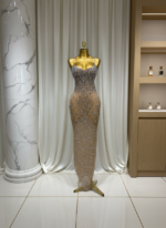 Luxury Champagne Crystal Embellished Maxi Gown – Spaghetti Strap Elegant Evening Dress - Image 2