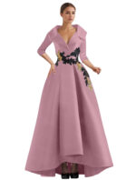 Elegant Champagne High-Low Evening Dress – V-Neck Structured Gown with Embroidered Appliqué - Image 11