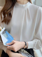 Elegant Pearl Button Chiffon Blouse – Light Blue Long Sleeve Office Top - Image 4