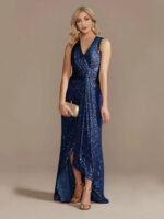 Gold Sequin Sleeveless Maxi Dress for Women | V-Neck Ruched Evening Gown with Slit - Image 9