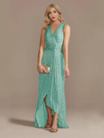 Gold Sequin Sleeveless Maxi Dress for Women | V-Neck Ruched Evening Gown with Slit - Image 7