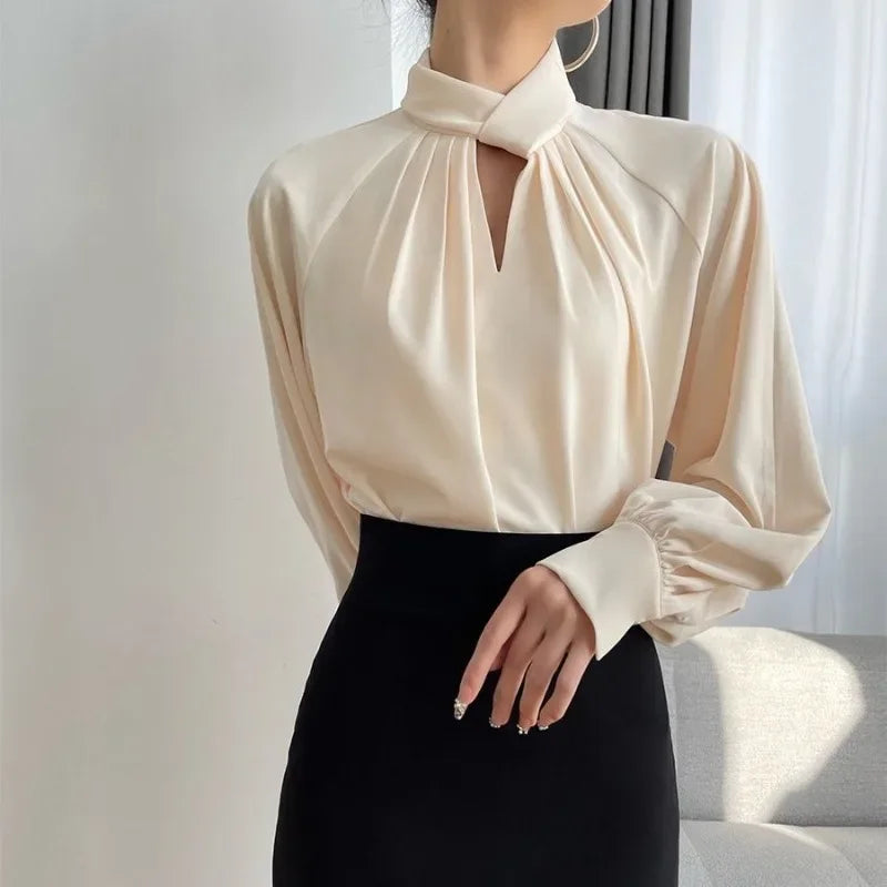 S80a290afd18e417c855138af5e2c2897Q Elegant Twist-Neck Satin Blouse for Women – Long Sleeve Formal Top - Image 1
