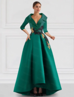 Elegant Champagne High-Low Evening Dress – V-Neck Structured Gown with Embroidered Appliqué - Image 5