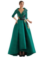 Elegant Champagne High-Low Evening Dress – V-Neck Structured Gown with Embroidered Appliqué - Image 14
