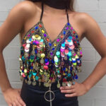 Multicolor Sequin Fringe Halter Top for Women – Beaded Festival Crop Top | Statement Party & Concert Top