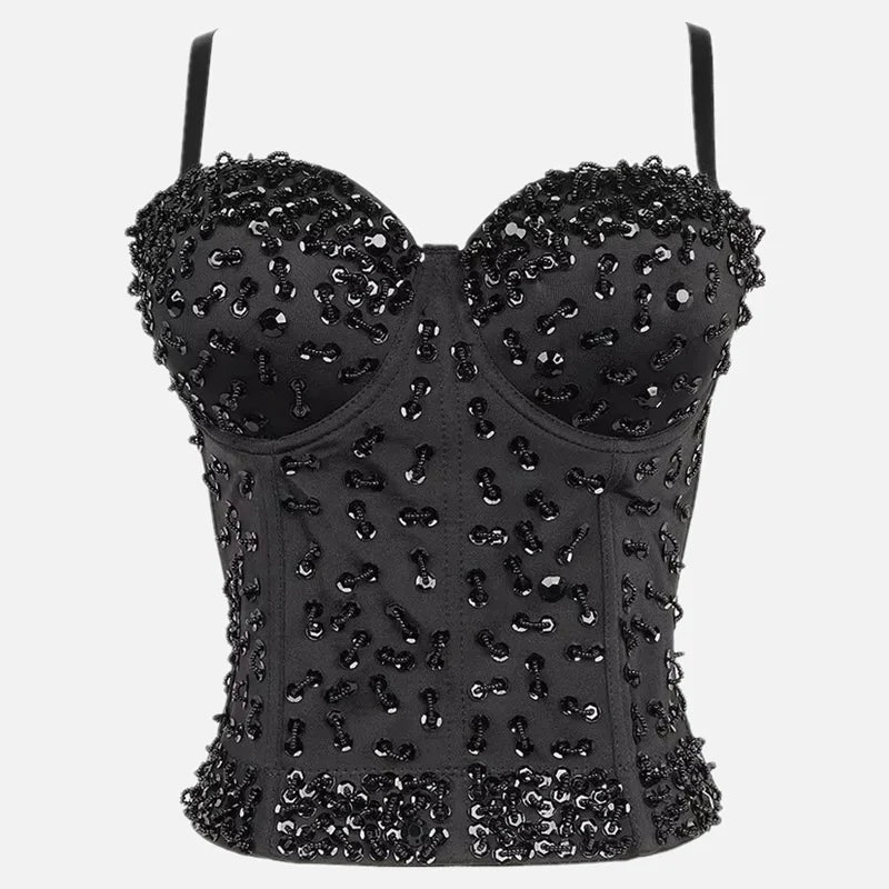 S8dae834c9e2a442aa49ca166ad06ea86Z Black Sequin Corset Top for Women – Beaded Bustier Crop Top with Straps | Glam Night Out Top - Image 1