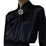 Black Satin High-Neck Blouse with Crystal Accent|Elegant Jewel Neck Long Sleeve Satin Blouse - Image 9