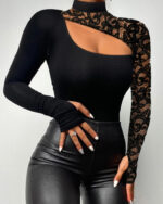 Black One-Shoulder Rhinestone Mesh Crop Top for Women – Long Sleeve Sheer Cutout Party Top | Night Out Statement Top - Image 7