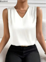 Red Sleeveless V-Neck Blouse for Women – Elegant Satin-Feel Tank Top | Chic Everyday & Workwear Essential - Image 2