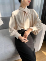 Elegant Twist-Neck Satin Blouse for Women – Long Sleeve Formal Top - Image 9