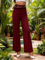 Burgundy High Waist Wide Leg Pants with Sequin Waistband | Elegant Dressy Women’s Trousers - Image 7