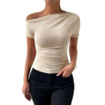 Beige One-Shoulder Ruched Crop Top for Women – Asymmetrical Short Sleeve Fitted Top | Minimalist Chic Essential - Image 7