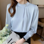 Elegant Pearl Button Chiffon Blouse – Light Blue Long Sleeve Office Top - Image 19