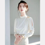 Luxury Ivory Chiffon Blouse with Gold Button Shoulder & Sheer Sleeves - Image 7