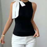 Elegant Black Sleeveless Top with White Bow – Chic High-Neck Women’s Blouse | Modern Boutique Style - Image 2