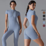 Women’s Zip-Front Short Sleeve Sculpting Fitness Jumpsuit – Bodycon Activewear Romper with Tummy Control