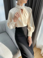 Elegant Twist-Neck Satin Blouse for Women – Long Sleeve Formal Top - Image 8