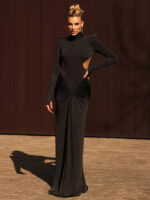 Elegant Ivory Long Sleeve Maxi Dress – High Neck Cut-Out Bodycon Evening Gown for Women - Image 8