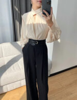 Elegant Twist-Neck Satin Blouse for Women – Long Sleeve Formal Top - Image 13