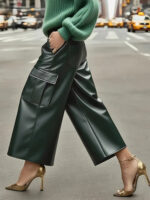 Luxury Forest Green PU Leather Wide-Leg Cargo Pants – High-Waist Cropped Vegan Leather Trousers for Women