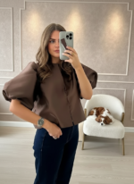 Solid Satin Balloon Sleeve Blouse for Women | Puff Sleeve O-Neck Single-Breasted Loose Fit Top - Image 6