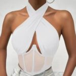 Elegant Halter Neck Mesh Corset Top for Women | Sheer Panel Wrap Neck Crop Top | Clubwear & Night Out Fashion - Image 16