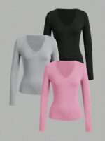 Long-Sleeve V-Neck Fitted Top – Soft Stretch Everyday Essential