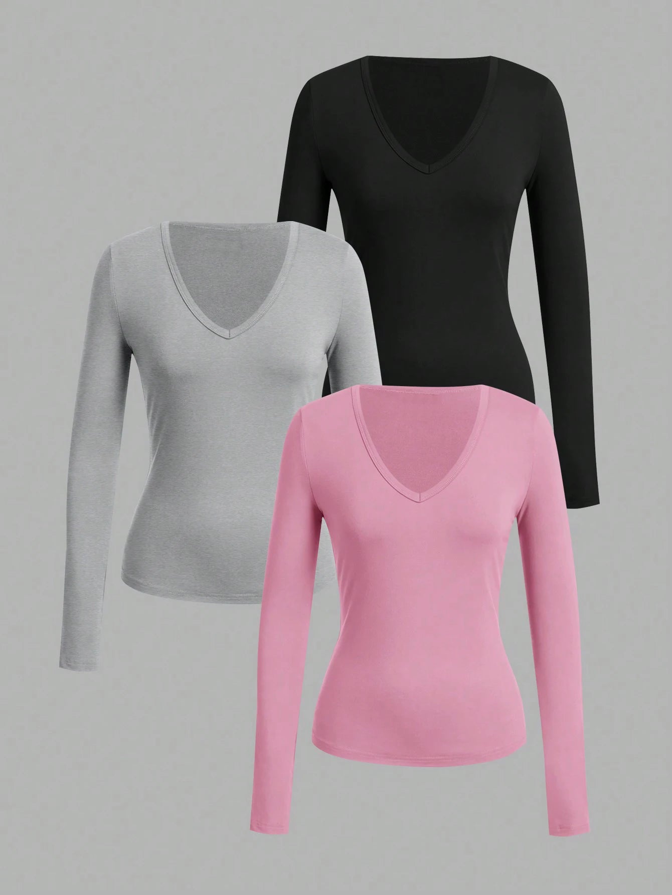 Sa428b53f78424d83b3611c9b65e83b78k Long-Sleeve V-Neck Fitted Top – Soft Stretch Everyday Essential - Image 1