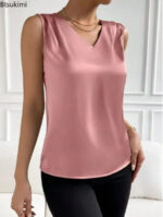 Red Sleeveless V-Neck Blouse for Women – Elegant Satin-Feel Tank Top | Chic Everyday & Workwear Essential - Image 5