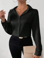 Women’s Satin Long Sleeve Blouse – Hot Pink Silk-Feel Button-Up Shirt | Elegant Loose Office & Casual Top - Image 6