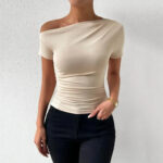 Beige One-Shoulder Ruched Crop Top for Women – Asymmetrical Short Sleeve Fitted Top | Minimalist Chic Essential - Image 4