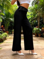 Burgundy High Waist Wide Leg Pants with Sequin Waistband | Elegant Dressy Women’s Trousers - Image 9