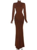 Elegant Ivory Long Sleeve Maxi Dress – High Neck Cut-Out Bodycon Evening Gown for Women - Image 3